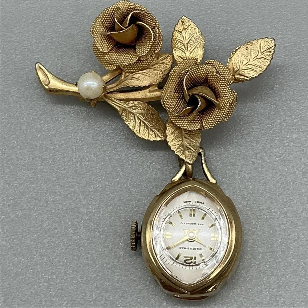 Vintage Golden Shield Nurse Brooch Watch Women 16mm Gold Tone White Dial Manual